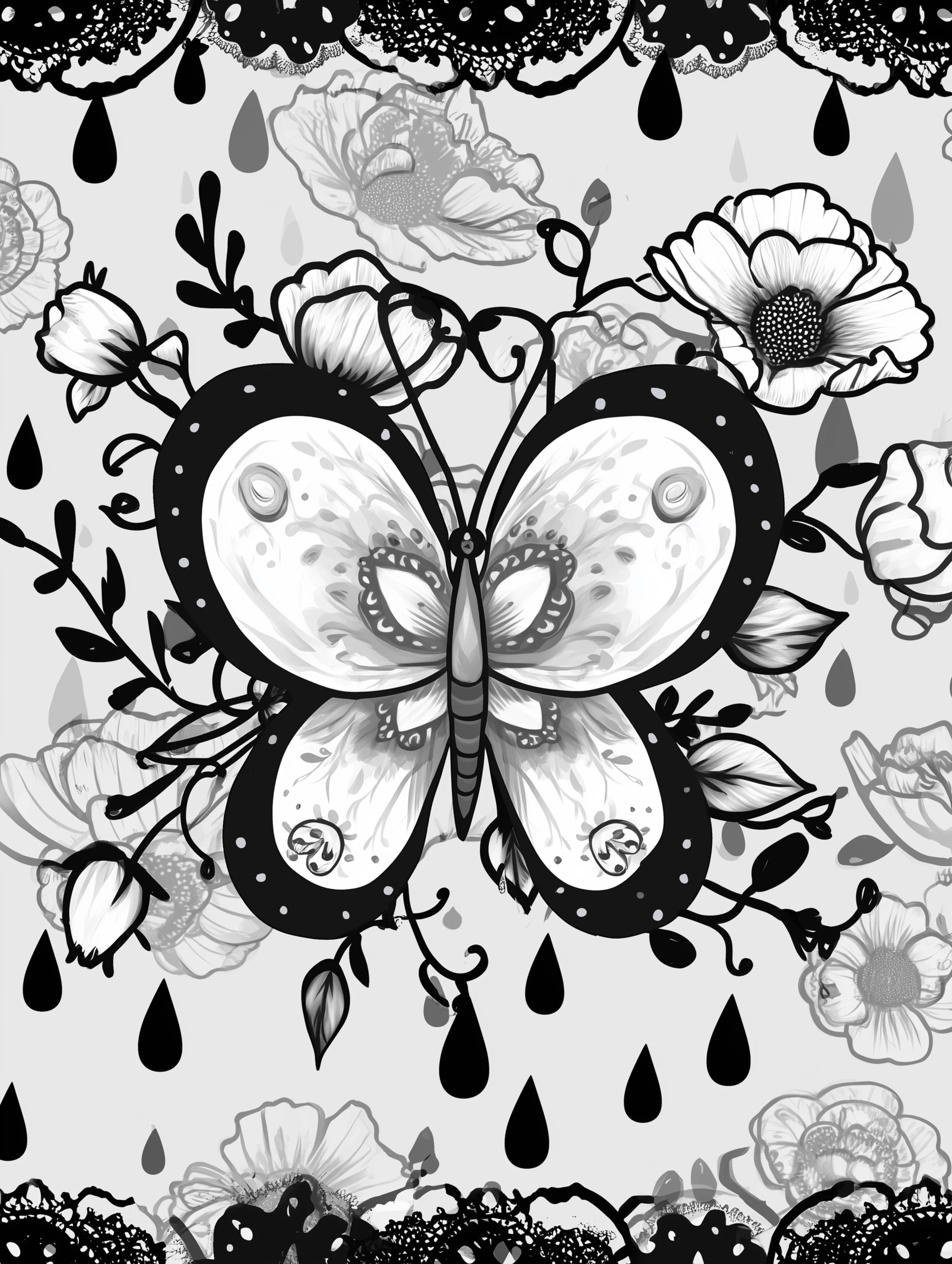 Free printable butterfly coloring page for adults featuring a butterfly with raindrops